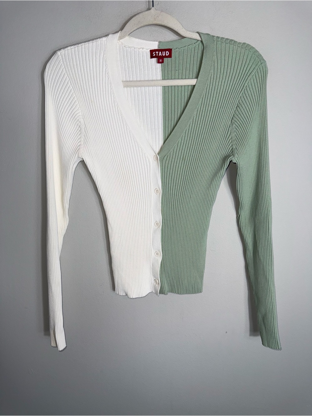 Staud Ribbed Knit Fitted Cardigan Sweater-V Neck-Green Ivory Colorblock-Medium